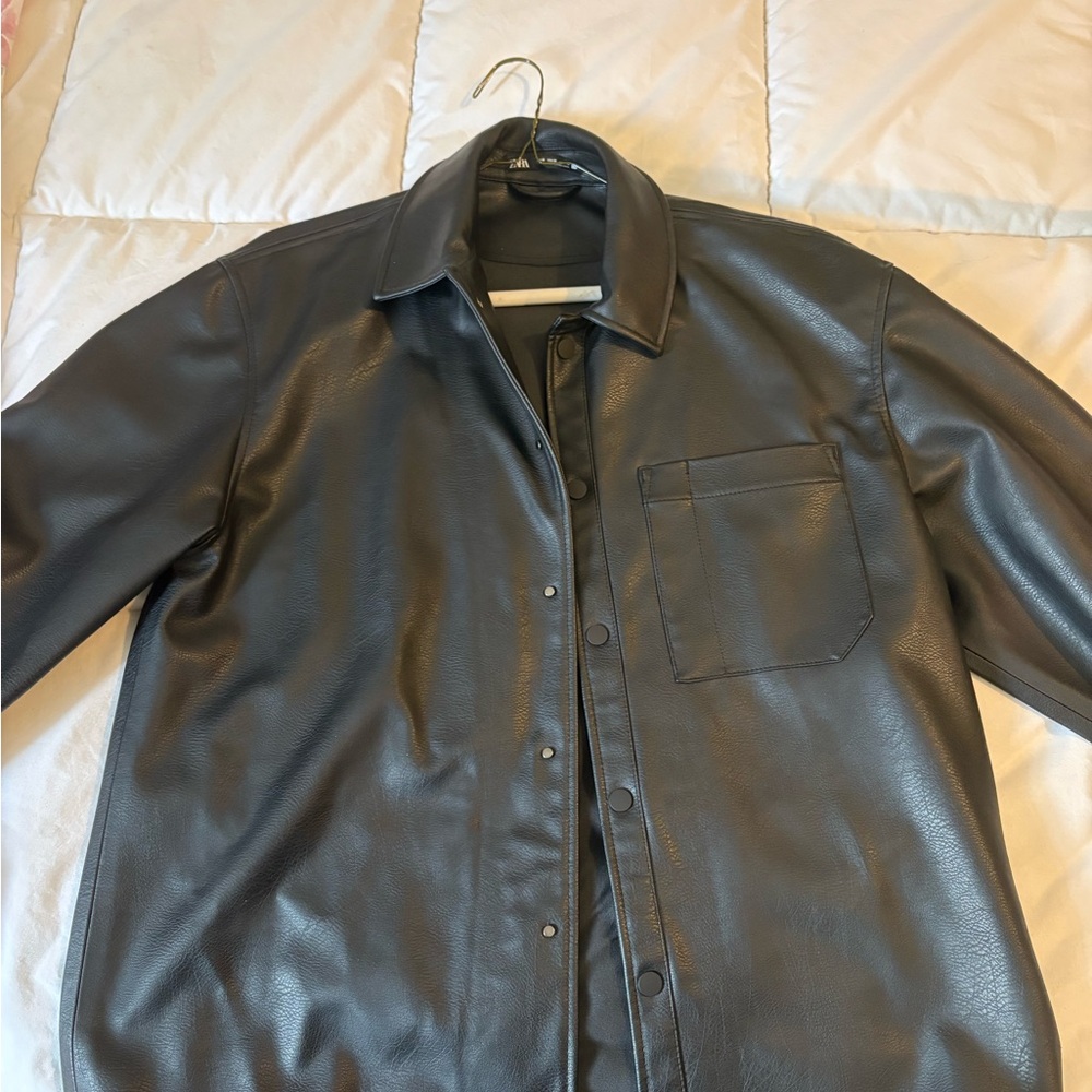 Black Faux Leather Shirt Jacket